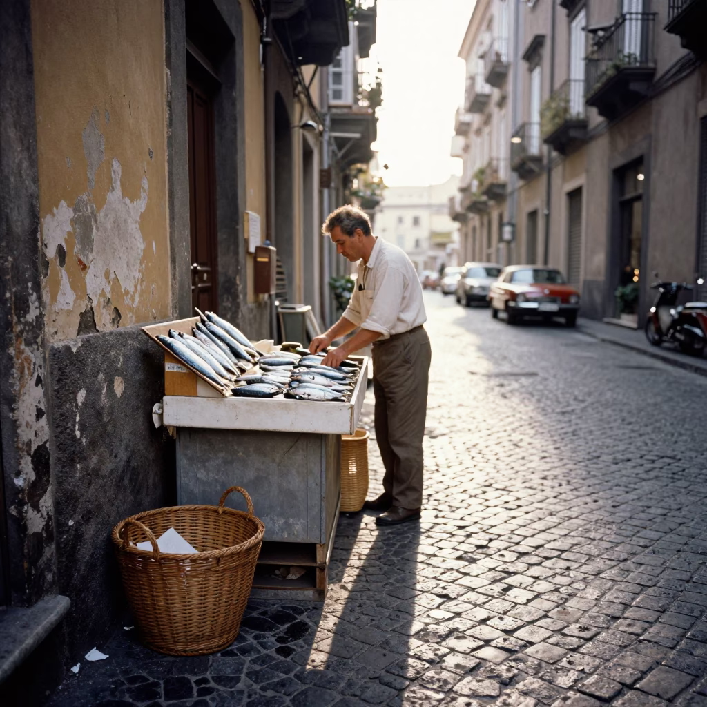 Vintage 1960s Naples Street Scene First Light with Sardines and Peg Basket in in Naples, Italy