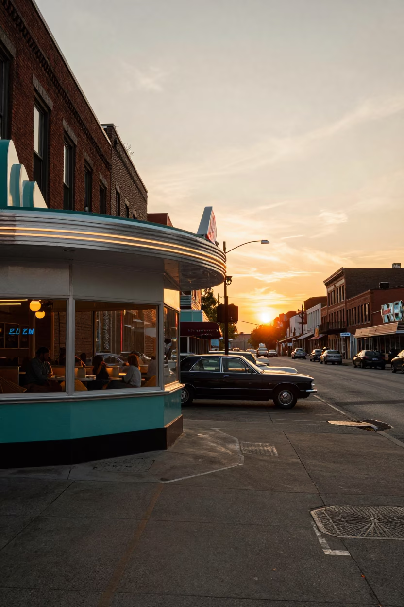 Vintage 1960s Nashville Street Scene at Sunset with Diners and Neon Signs in in Nashville, Tennessee, United States