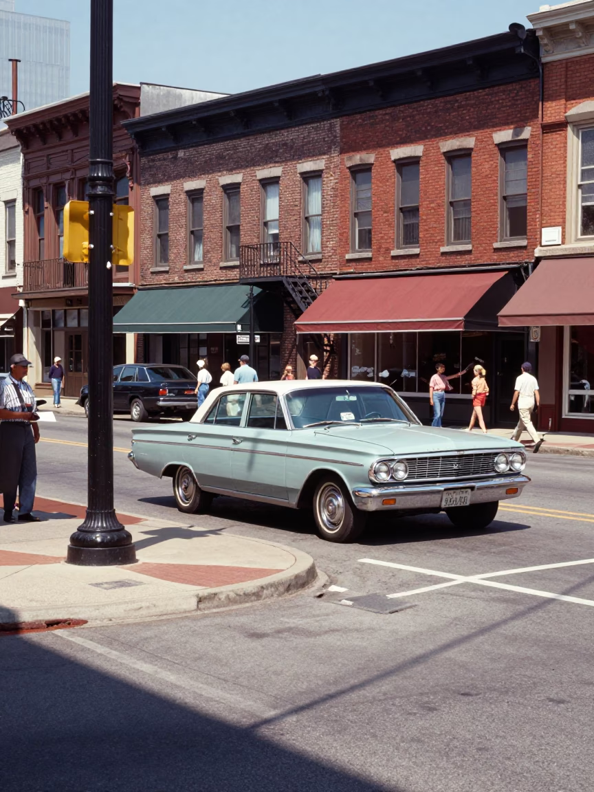 Vintage 1960s Nashville Street Scene with Midday Sunlight and Classic Cars in in Nashville, Tennessee, United States