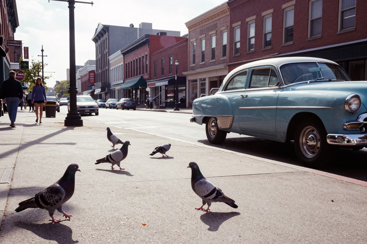 Vintage 1960s Nashville Street Scene with Pigeons and Local Architecture in in Nashville, Tennessee, United States