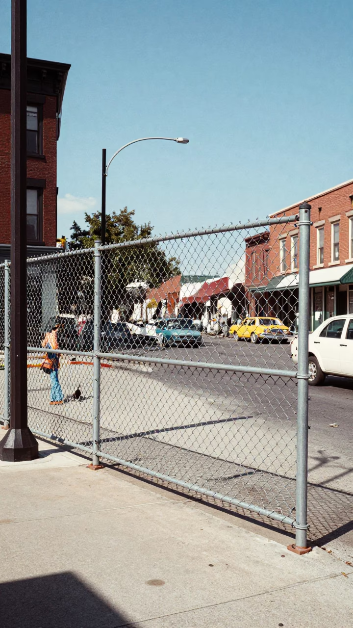 Vintage 1960s Nashville Street Scene with Substation Fence and Warning Placards Under Noon Sun in in Nashville, Tennessee, United States