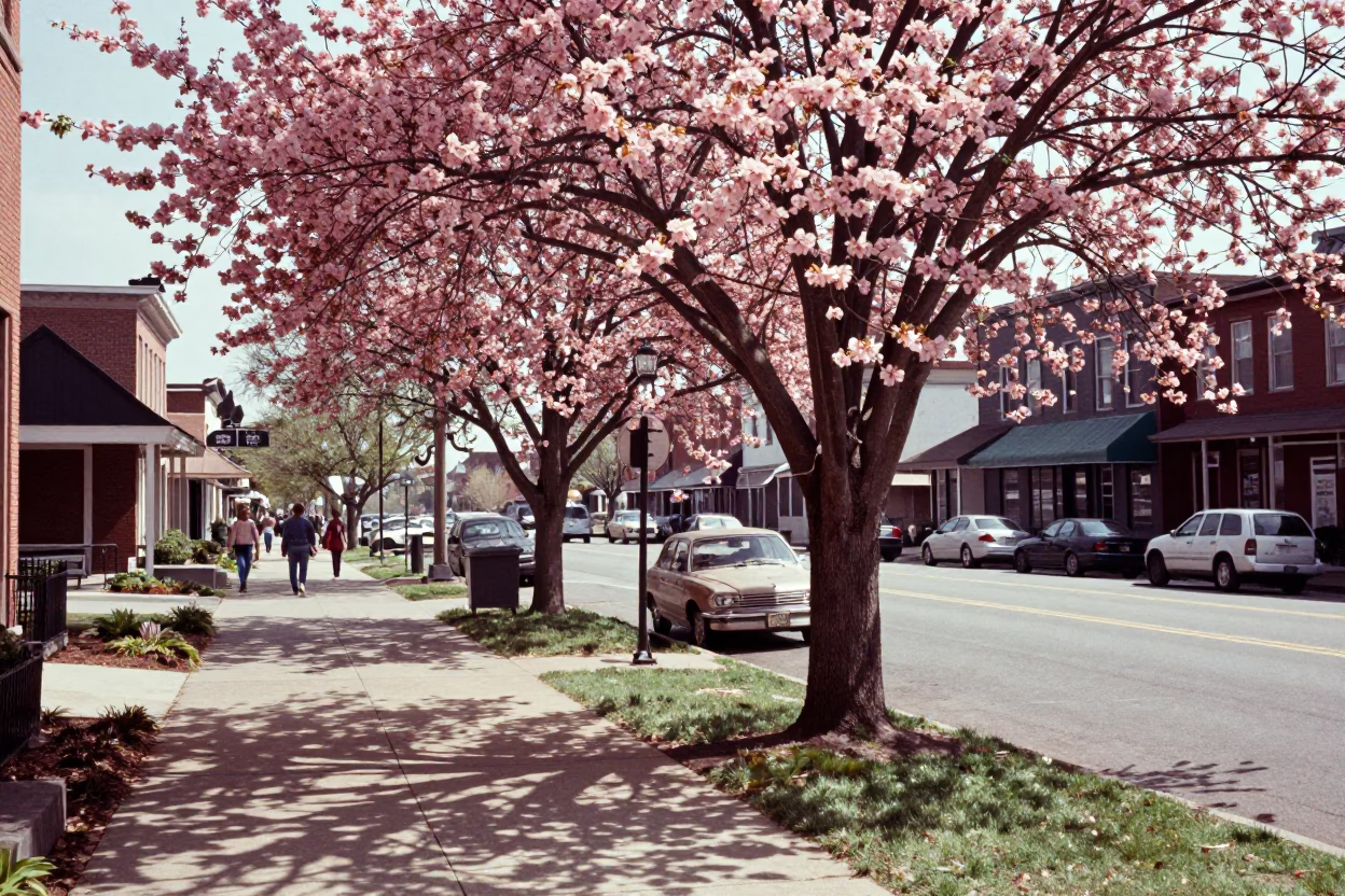 Vintage 1960s Nashville Tennessee Street Scene with Dogwood Tree and Picnic Basket in in Nashville, Tennessee, United States