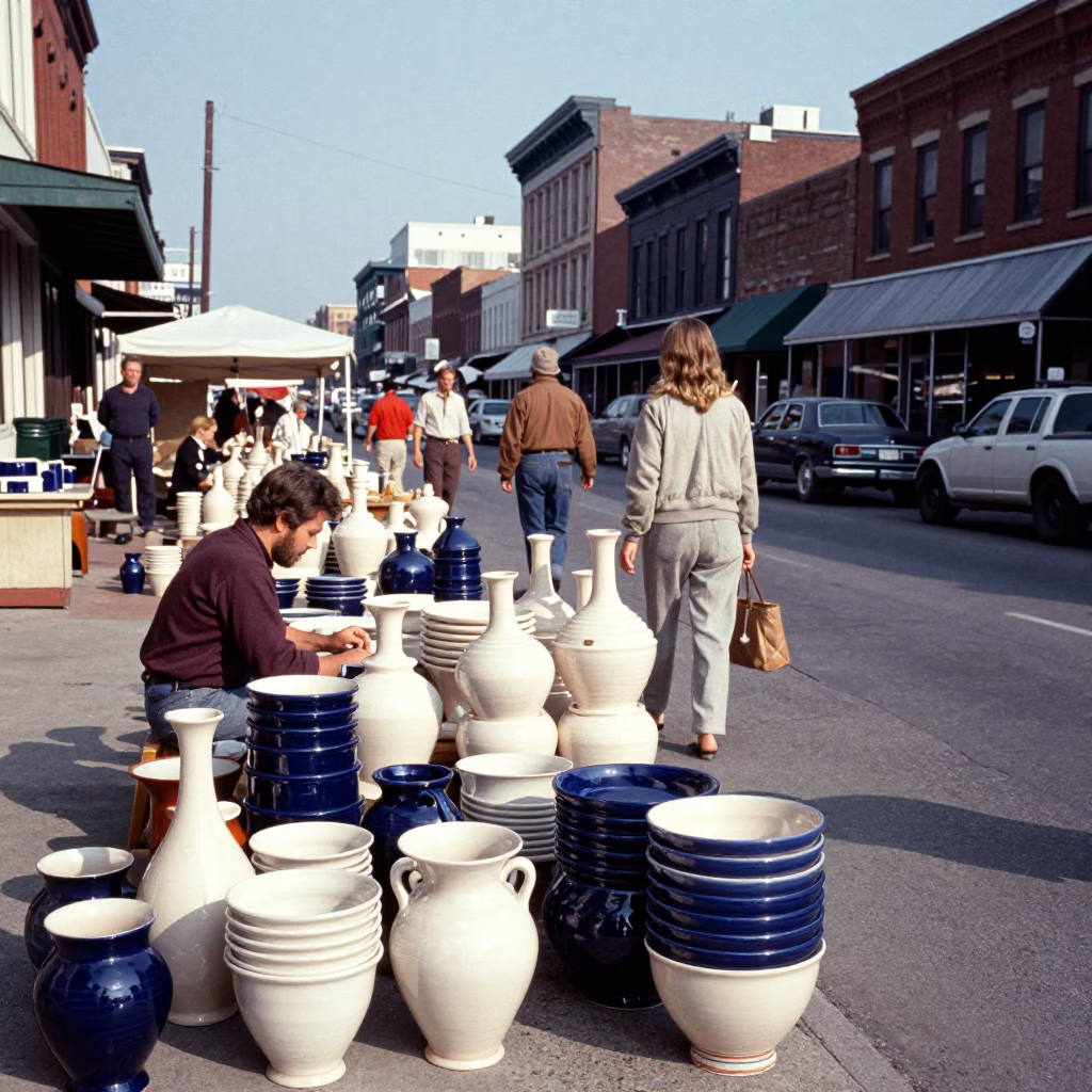Vintage 1960s Nashville Tennessee Street Scene with Pottery Market Stacked Wares and Local Commerce in in Nashville, Tennessee, United States