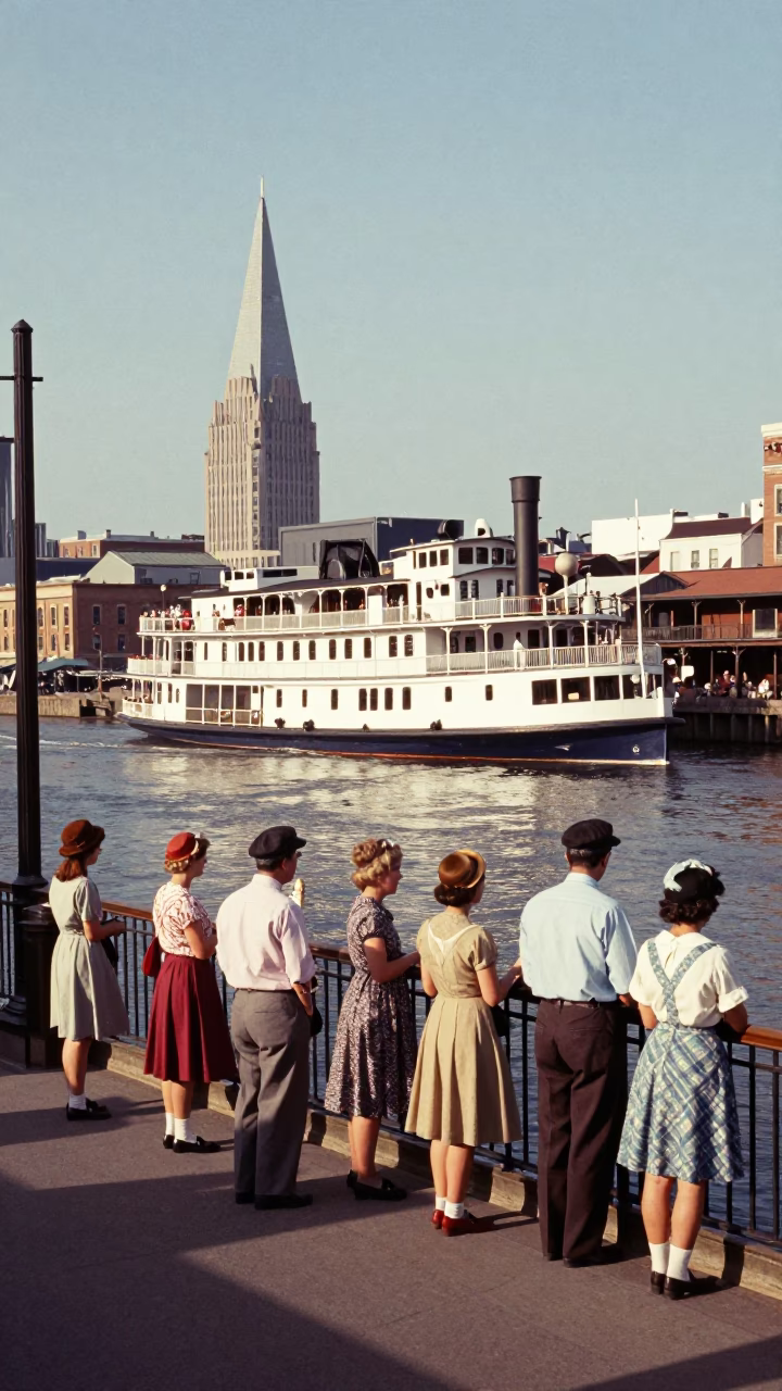 Vintage 1960s Nashville Tennessee Street Scene with Steamboat on Cumberland River in in Nashville, Tennessee, United States