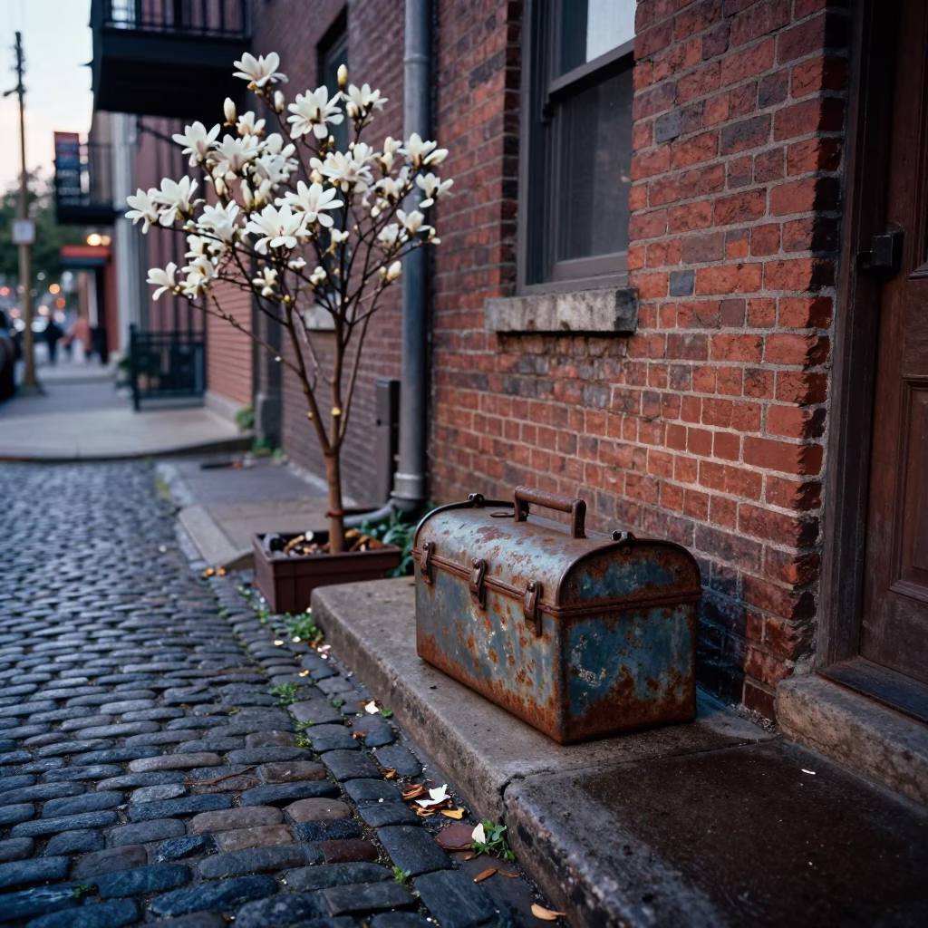 Vintage 1960s Nashville Tennessee Street Scene with Toolbox and Magnolia Bloom in in Nashville, Tennessee, United States