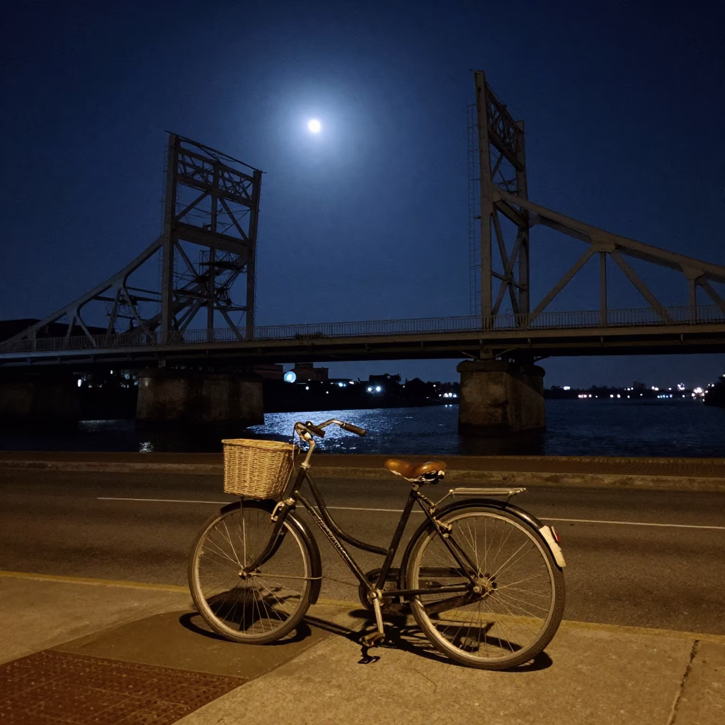 Vintage 1960s New Orleans Night Scene with Bicycle and Moonlit Bascule Bridge in in New Orleans, Louisiana, United States