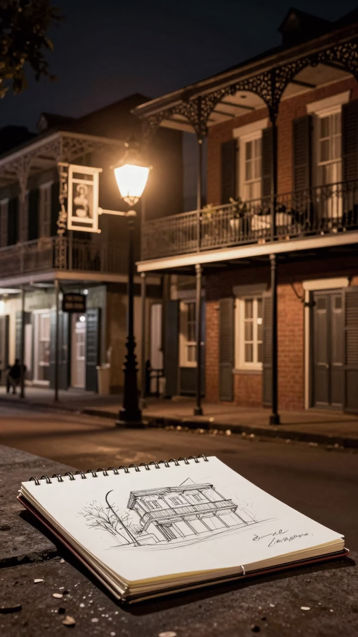Vintage 1960s New Orleans Night Street Scene with Sketchbook and Espresso Cup in in New Orleans, Louisiana, United States