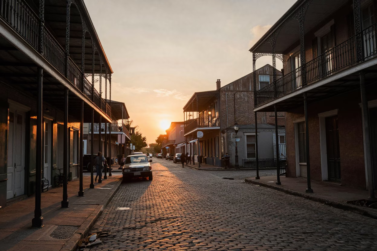 Vintage 1960s New Orleans Street Scene with Iron Balconies and Evening Light in in New Orleans, Louisiana, United States