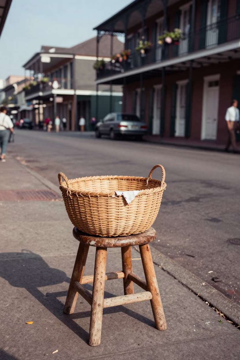 Vintage 1960s New Orleans Street Scene with Mending Basket and Stool Outside Iron Balcony in in New Orleans, Louisiana, United States