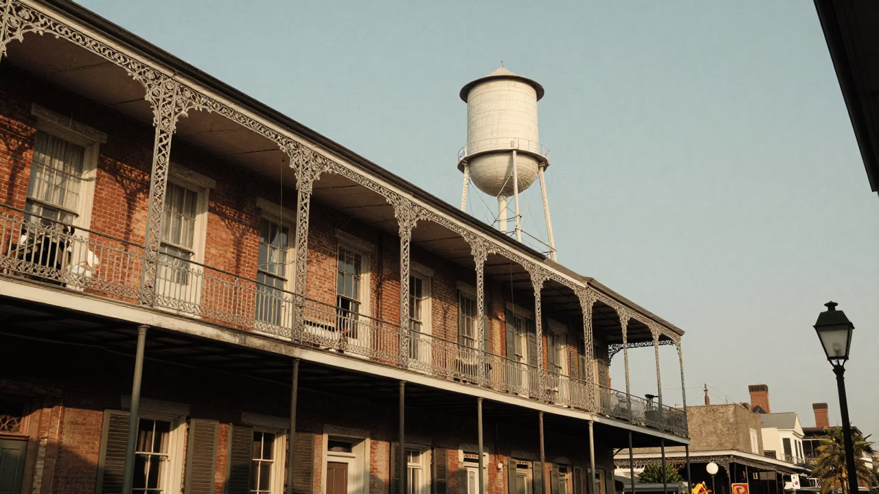 Vintage 1960s New Orleans Street Scene with Water Tower and Colorful Balcony in in New Orleans, Louisiana, United States