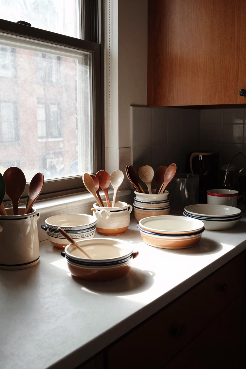 Vintage 1960s New York City Kitchen Counter Utensil Crocks and Saucers Afternoon Light in in New York, New York, United States