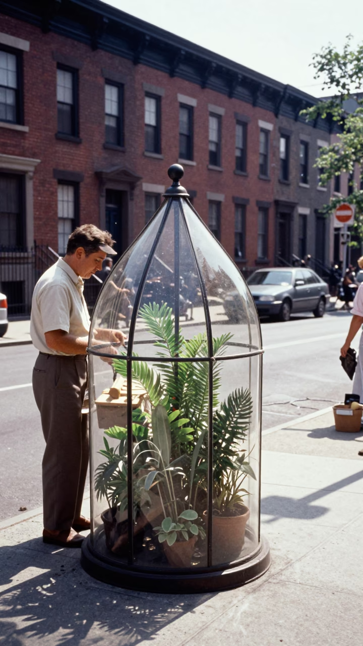 Vintage 1960s New York Midday Street Scene with Glass Terrarium and Latch in in New York, New York, United States