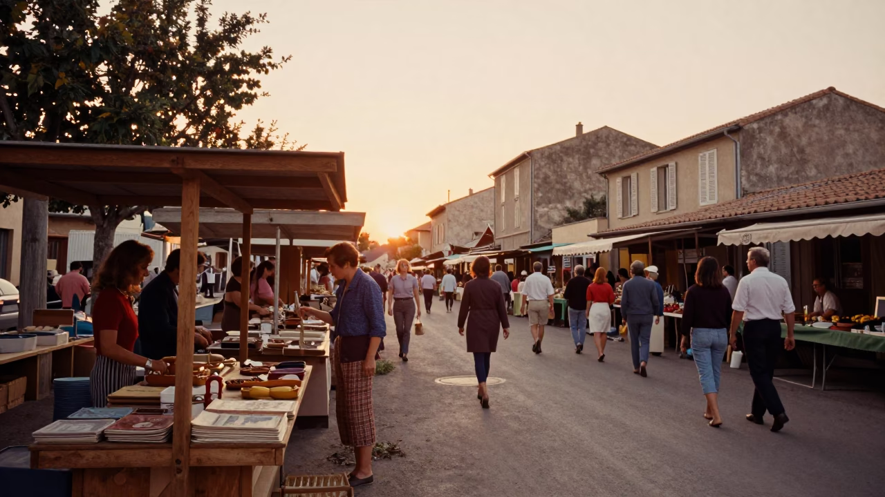 Vintage 1960s Nice France Evening Street Scene with Local Market Goods in in Nice, France