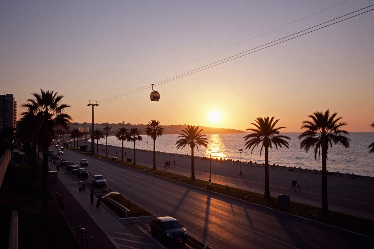 Vintage 1960s Nice France Street Scene at Sunset with Aerial Tramway Gondola in in Nice, France