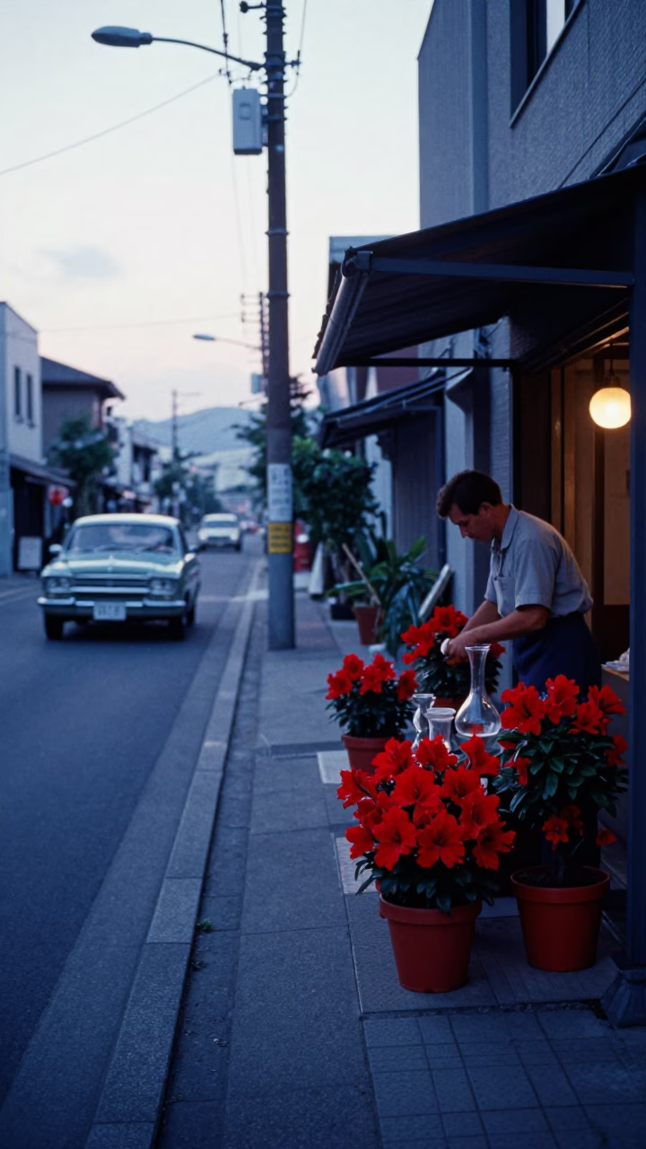 Vintage 1960s Osaka Dawn Street Scene with Carafe and Potted Geraniums in in Osaka, Japan