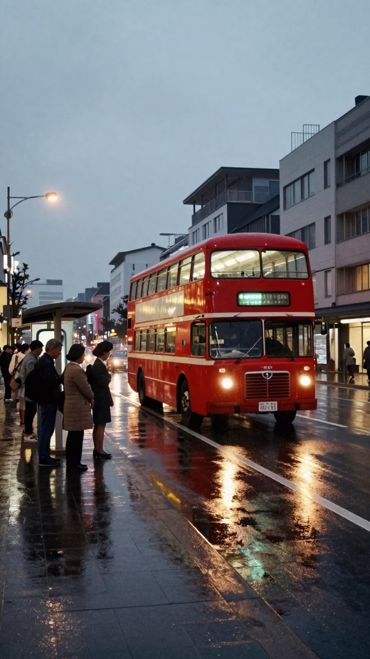 Vintage 1960s Osaka Japan Evening Street Scene with Double-Decker Bus and Metal Stools in in Osaka, Japan