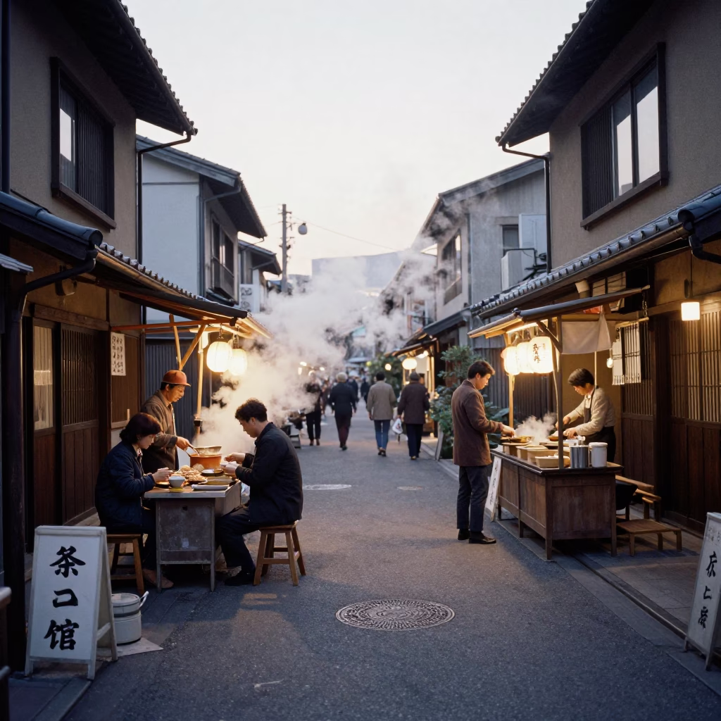 Vintage 1960s Osaka Street Scene Early Evening with Steam and Local Life in in Osaka, Japan
