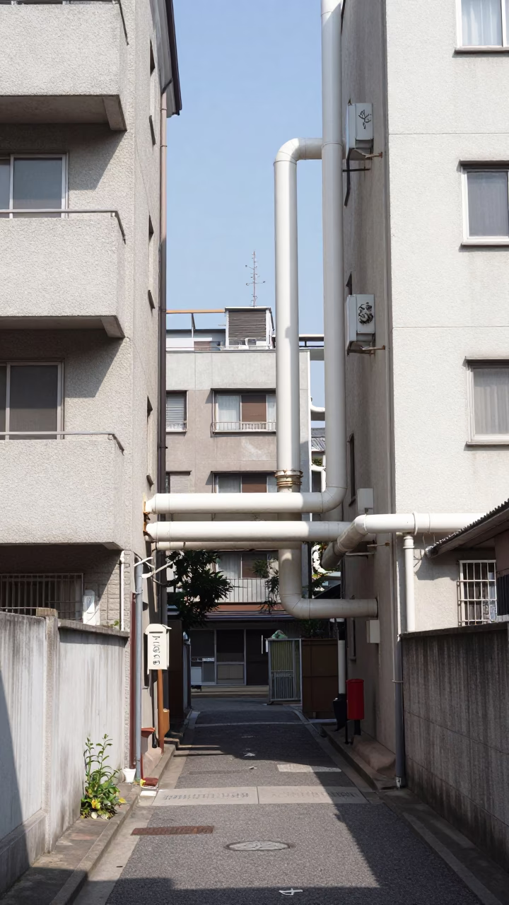 Vintage 1960s Osaka Street Scene with District Heating Pipes Between Concrete Apartments in in Osaka, Japan