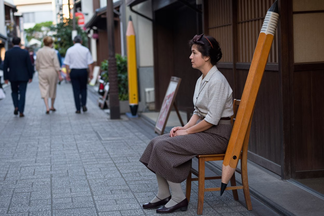 Vintage 1960s Osaka Street Scene with Mechanical Pencil and Ladder-Back Chair in in Osaka, Japan