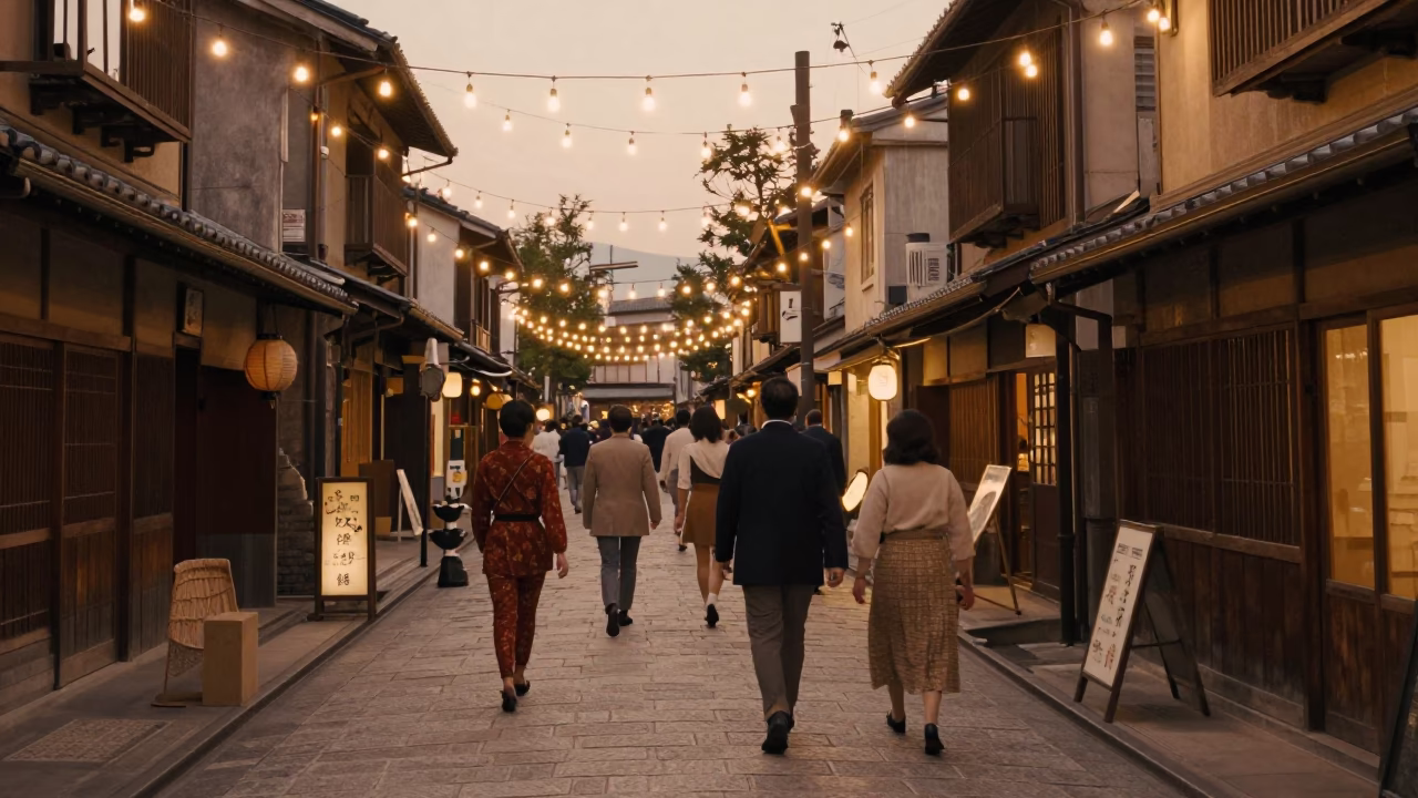 Vintage 1960s Osaka Street Scene with String Lights and Evening Pedestrians in in Osaka, Japan