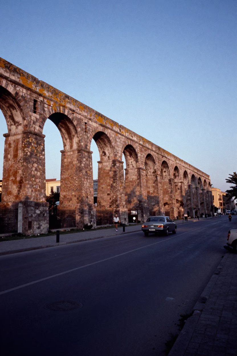 Vintage 1960s Palermo street scene at nautical dawn with candlestick and aqueduct in in Palermo, Italy