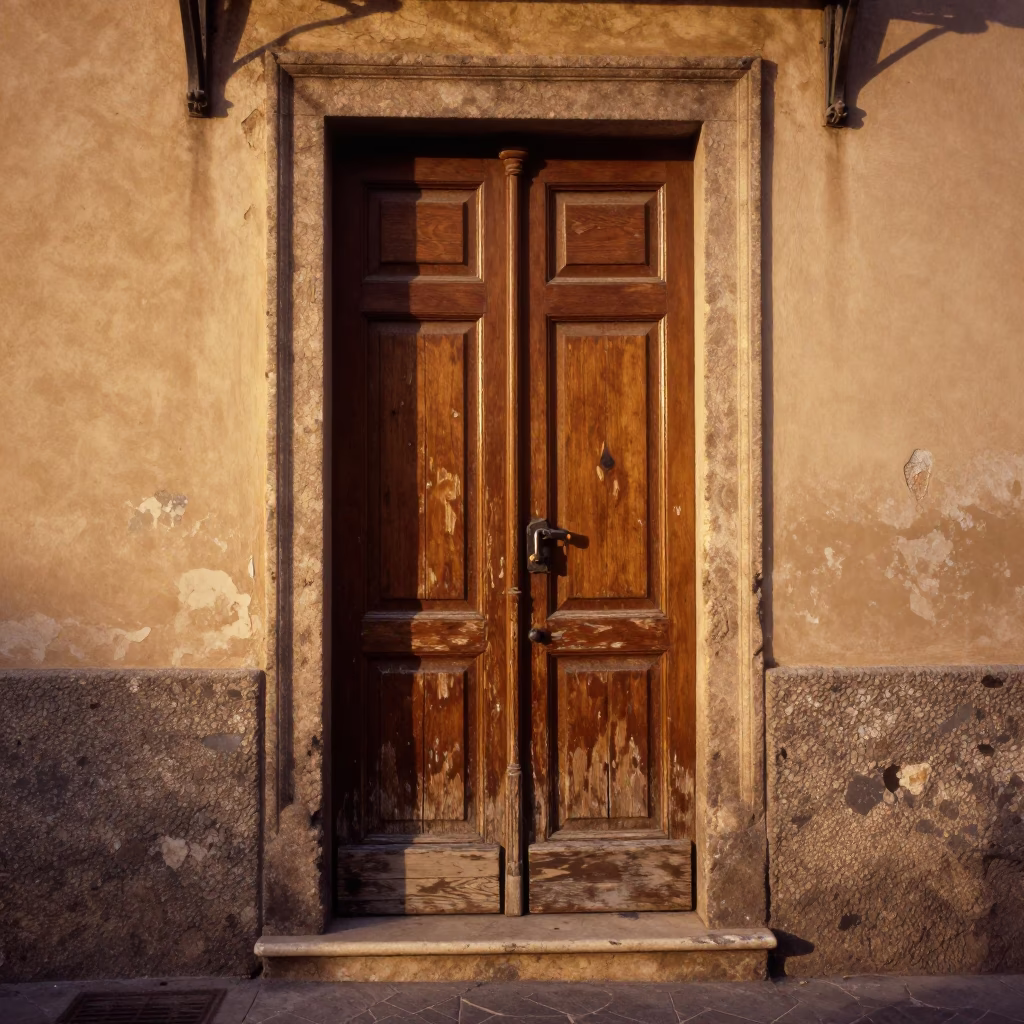Vintage 1960s Palermo Street Scene with Weathered Wooden Door and Iron Deadbolt in in Palermo, Italy