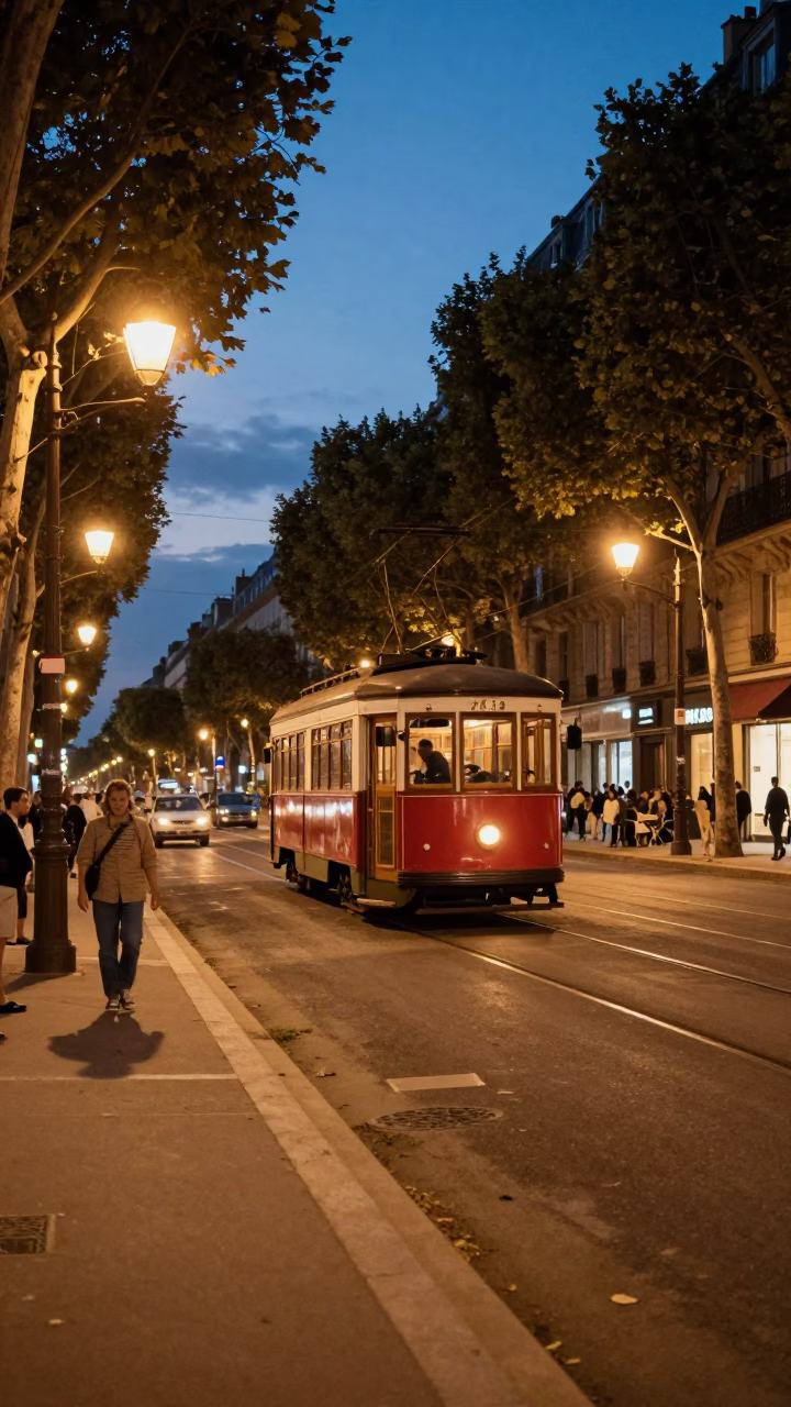 Vintage 1960s Paris Street Scene Twilight Tramcar Tree Lined Boulevard in in Paris, France