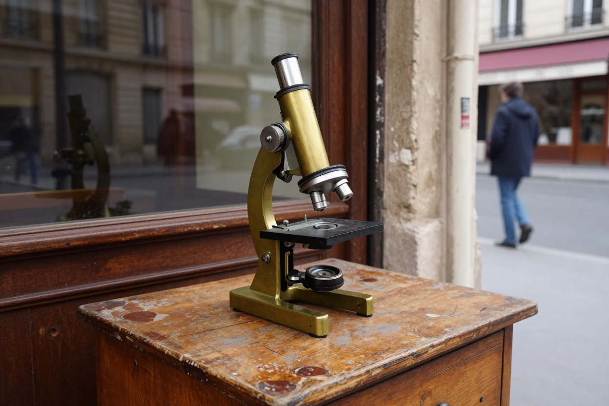 Vintage 1960s Paris Street Scene with Brass Antique Microscope on Wooden Desk in in Paris, France