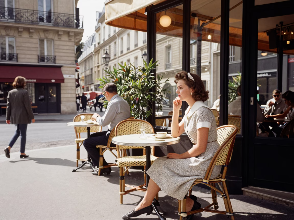 Vintage 1960s Parisian Café Terrace Midday Scene with Diamond Rings and Cake Stand in in Paris, France