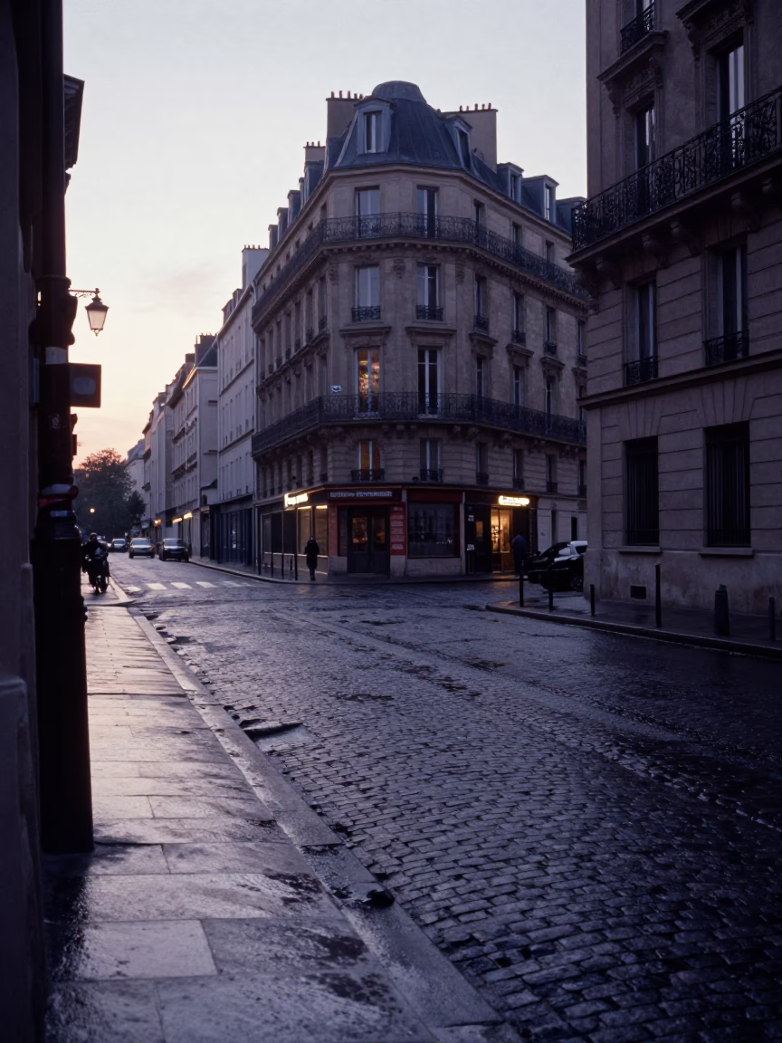 Vintage 1960s Parisian Street Scene Before Dawn with Steam Haze and Cobblestone Architecture in in Paris, France