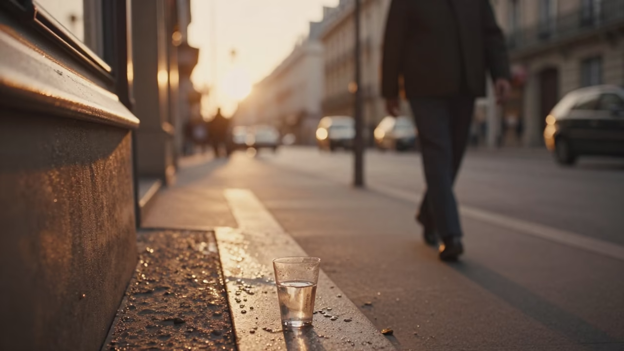 Vintage 1960s Parisian Street Scene with Condensation on Glass and Evening Light in in Paris, France