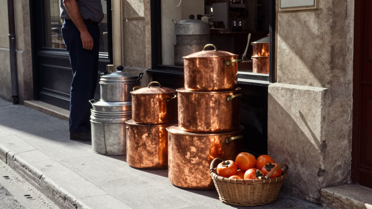Vintage 1960s Parisian Street Scene with Copper Pots and Door Wreaths in in Paris, France