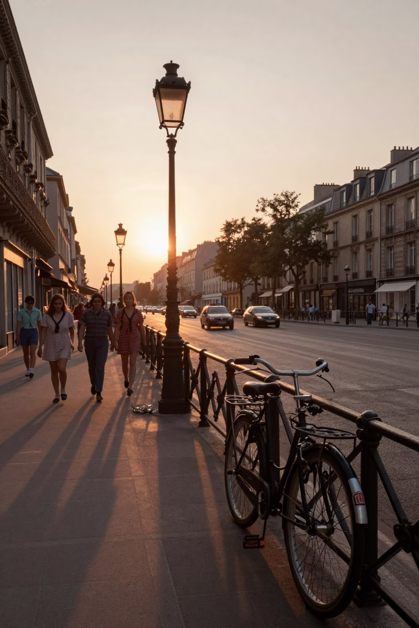 Vintage 1960s Parisian Street Scene with Lantern and Canal Houseboats at Sunset in in Paris, France