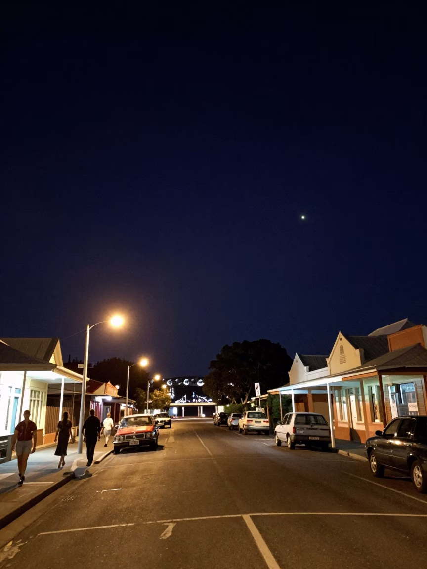 Vintage 1960s Perth Street Scene Under Deep Night Sky With Lantern And Brass Details in in Perth, Western Australia, Australia
