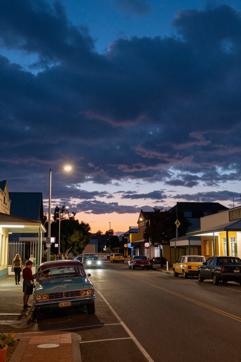 Vintage 1960s Perth Street Scene with Cobalt Twilight Sky and Power Substation Lattice in in Perth, Western Australia, Australia