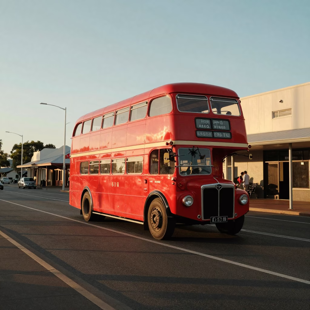 Vintage 1960s Perth Street Scene with Double-Decker Bus at Sunset in Western Australia in in Perth, Western Australia, Australia