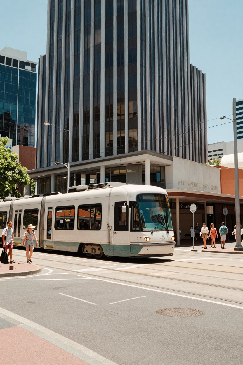 Vintage 1960s Perth Street Scene with Monorail Reflection in Glass Skyscraper Window in in Perth, Western Australia, Australia