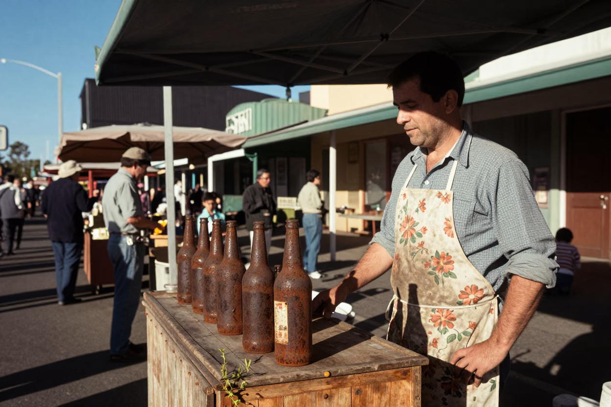 Vintage 1960s Perth Street Scene with Rusty Bottle Neck and Apron Clad Vendor in in Perth, Western Australia, Australia
