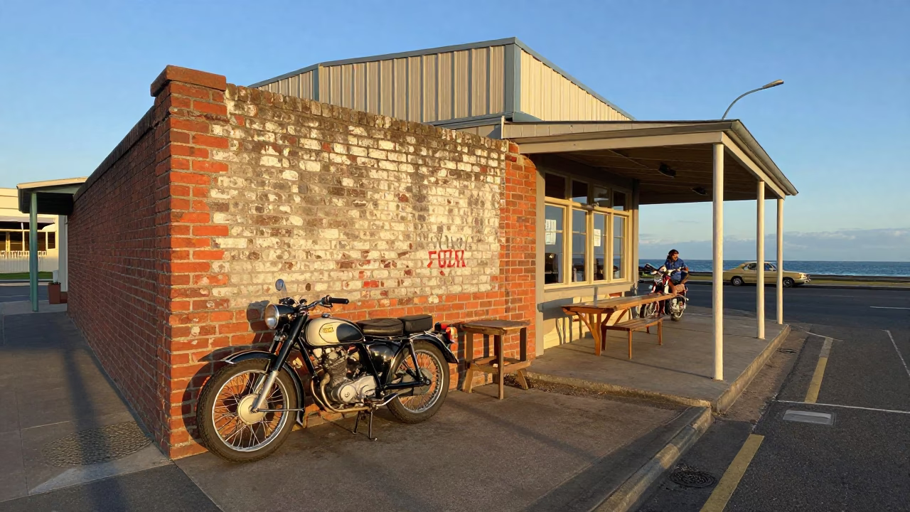 Vintage 1960s Perth Western Australia street scene with motorcycle and coastal highway in in Perth, Western Australia, Australia
