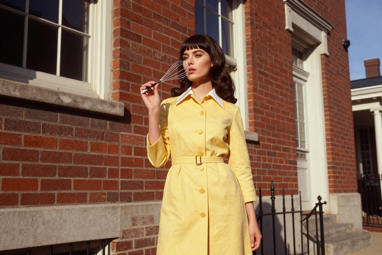 Vintage 1960s Philadelphia Fashion Model Holding Whisk Near Brick Building in in Philadelphia, Pennsylvania, United States