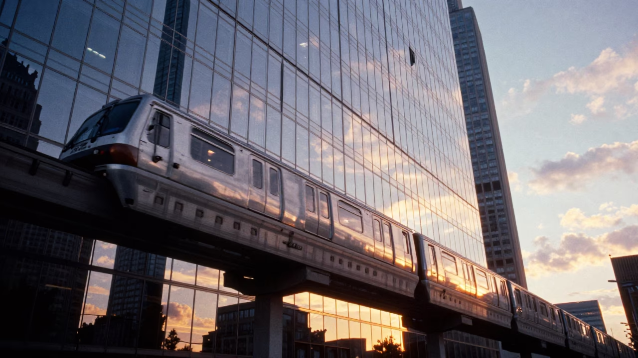 Vintage 1960s Philadelphia Monorail Reflection in Glass Skyscraper at Sunset in in Philadelphia, Pennsylvania, United States