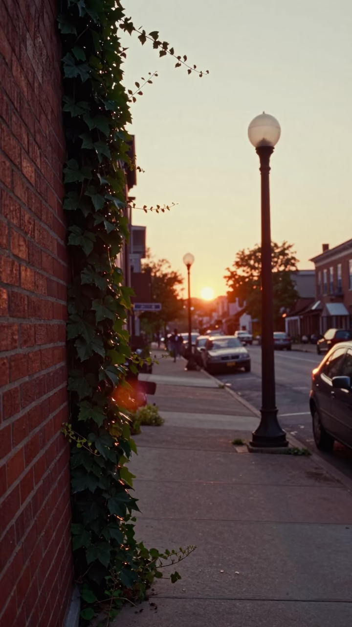 Vintage 1960s Philadelphia Street Scene at Sunset with Ivy and Brick Architecture in in Philadelphia, Pennsylvania, United States