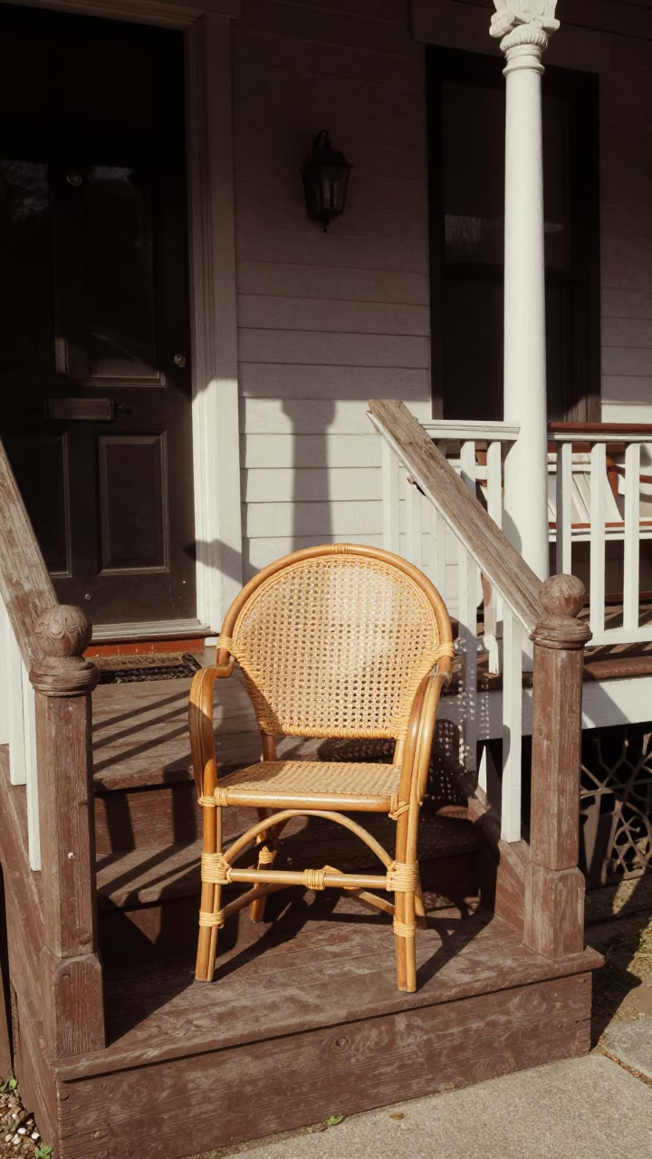 Vintage 1960s Philadelphia Street Scene with Woven Cane Chair and Pickle Jar on Porch in in Philadelphia, Pennsylvania, United States