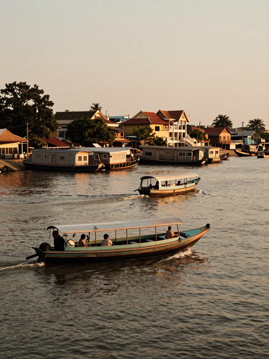 Vintage 1960s Phnom Penh Street Scene with Water Taxi and Woven Mats in in Phnom Penh, Cambodia