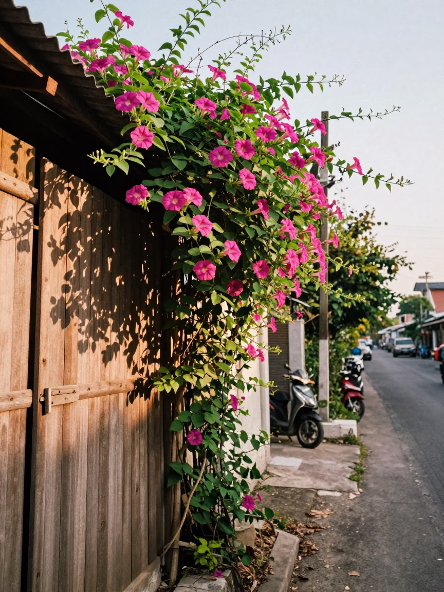 Vintage 1960s Phuket Street Scene Morning Glory Vine and Local Market Life in in Phuket, Thailand