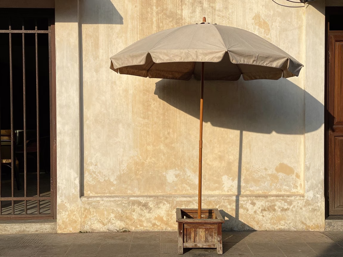 Vintage 1960s Phuket Street Scene with Umbrella Stand and Tea Stains in in Phuket, Thailand
