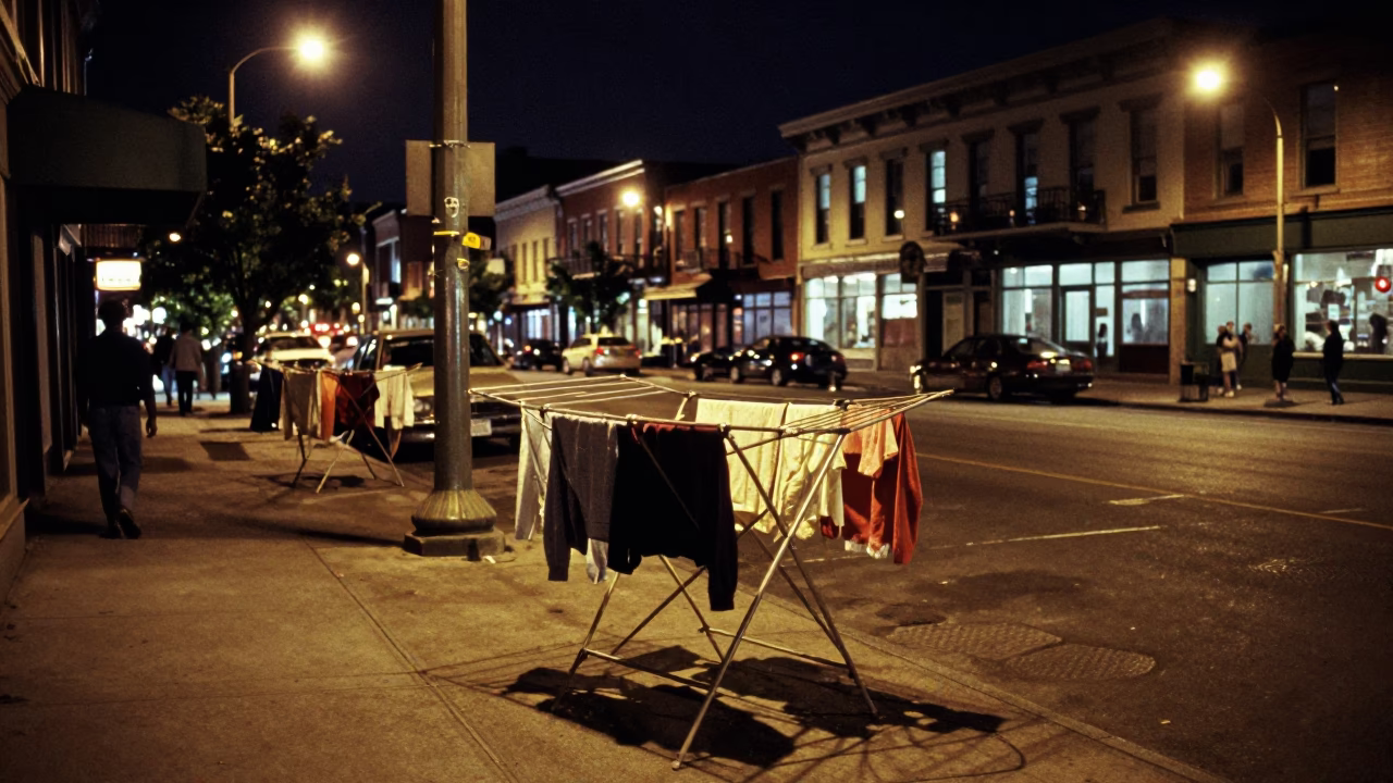 Vintage 1960s Portland Night Street Scene with Drying Rack and Urban Life in in Portland, Oregon, United States