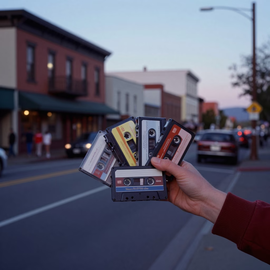 Vintage 1960s Portland Oregon Blue Hour Street Scene with Cassette Tapes in in Portland, Oregon, United States