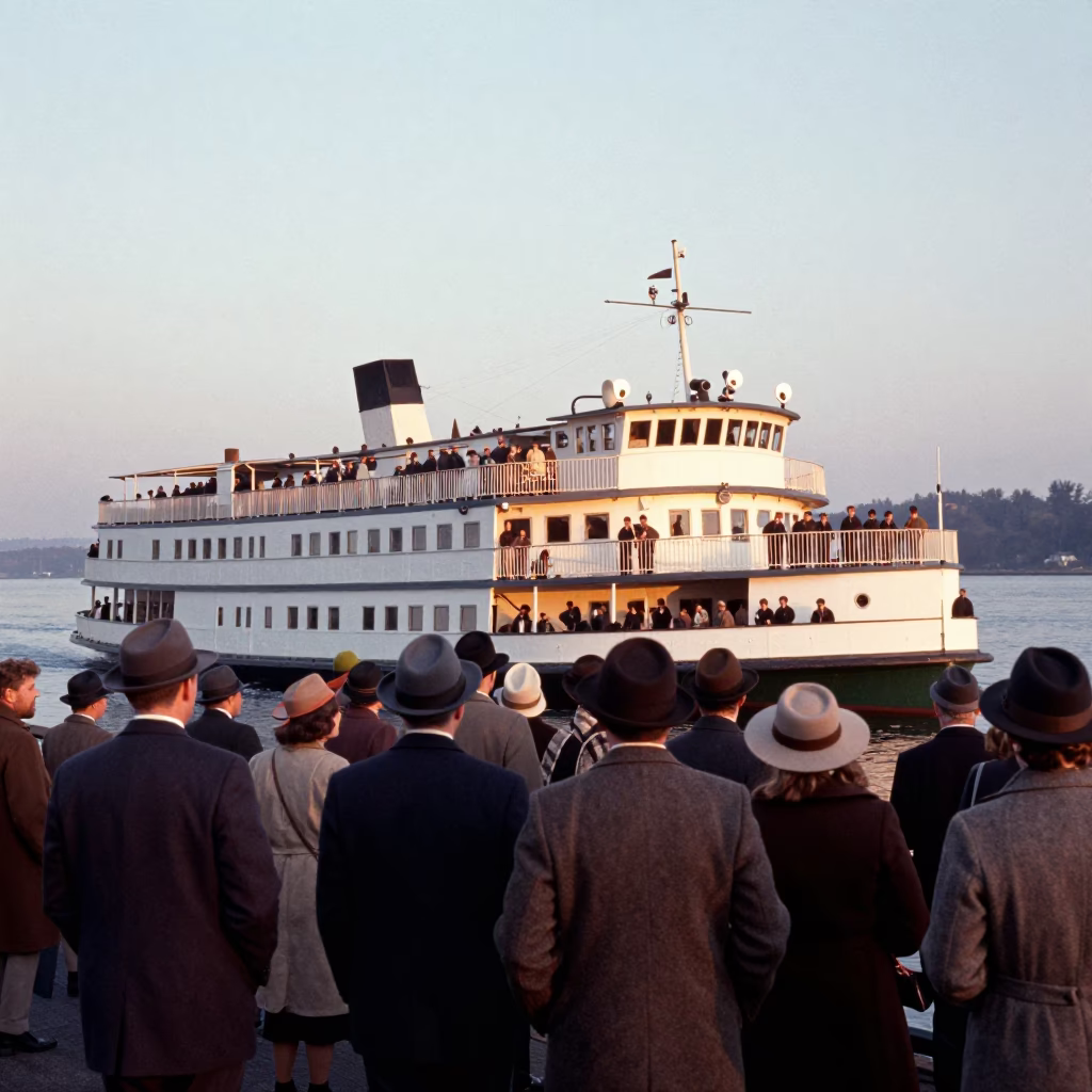 Vintage 1960s Portland Oregon Dawn River Ferry Crossing with Passengers and Wicker Shadows in in Portland, Oregon, United States