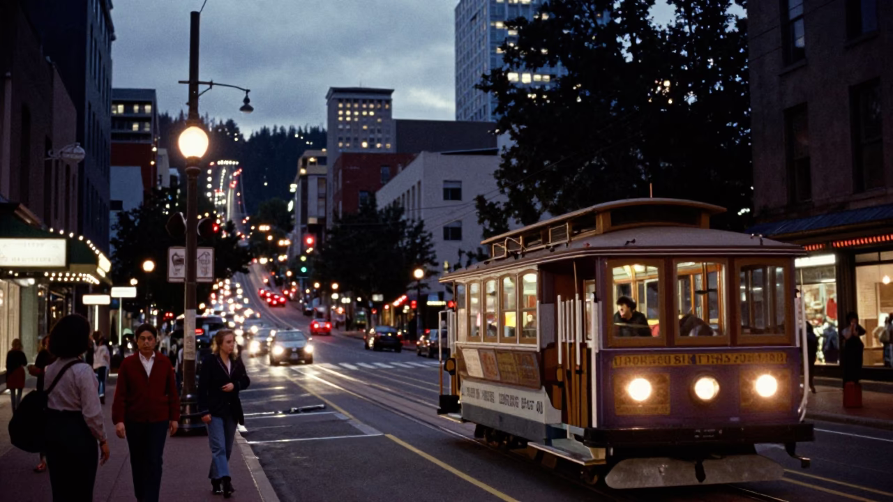 Vintage 1960s Portland Oregon Evening Street Scene with Cable Car and City Lights in in Portland, Oregon, United States
